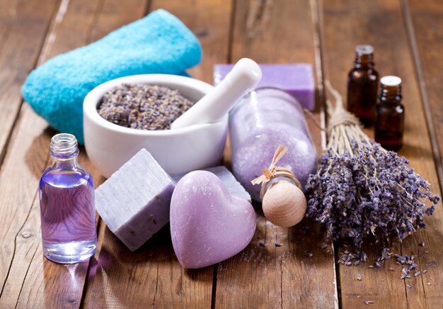 Lavender spa products on a wooden table