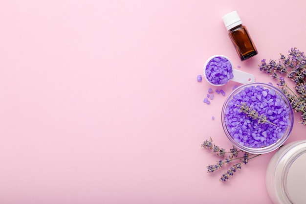 Photo lavender violet sea salt with lavender flowers candle essential oil lavender bath products aromather...
