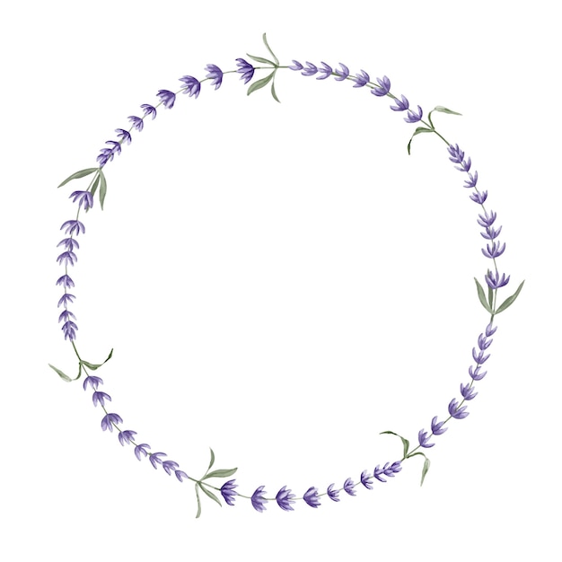 Lavender Wreath Hand drawn watercolor floral circle Frame on white isolated background Illustration of Lavandula border Template for greeting cards or wedding invitations with Provence herbs