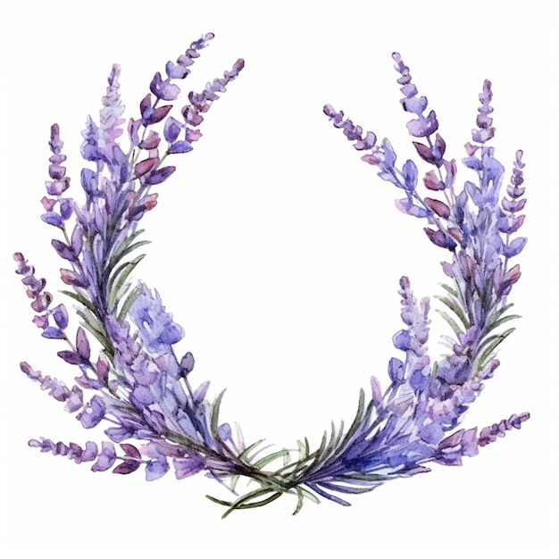 Lavender wreath with leaves and flowers on a white background generative ai