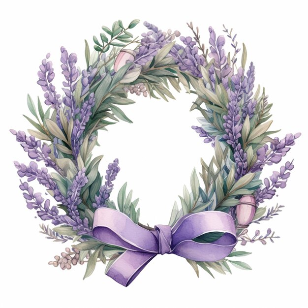 Photo lavender wreath with ribbon and bow on white background generative ai