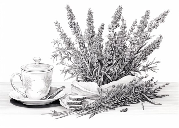 Photo lavenders and a cup of tea are on a table generative ai