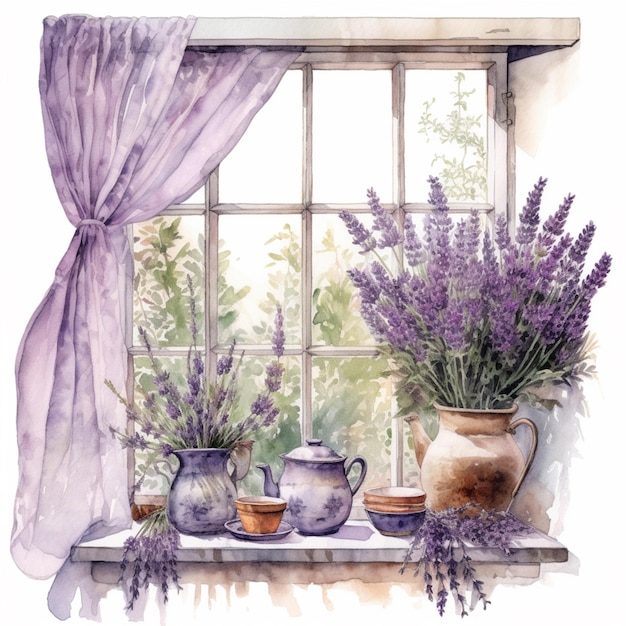 lavenders and pots on a window sill with a curtain generative ai