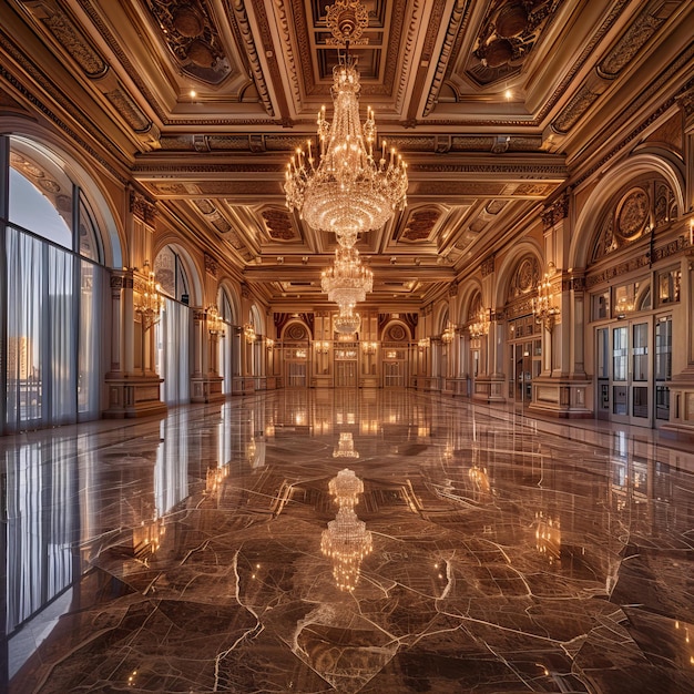 Lavish ballroom with elegant chandeliers and marble floor Luxury hotel and classical architecture