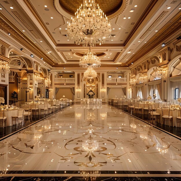 Lavish ballroom with elegant chandeliers and marble floor Luxury hotel and classical architecture
