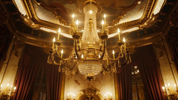 Lavish crystal chandelier hangs grandly in an ornate room exuding elegance and luxury