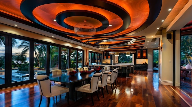 A lavish dining room with a statement ceiling adorned with a mesmerizing design of overlapping