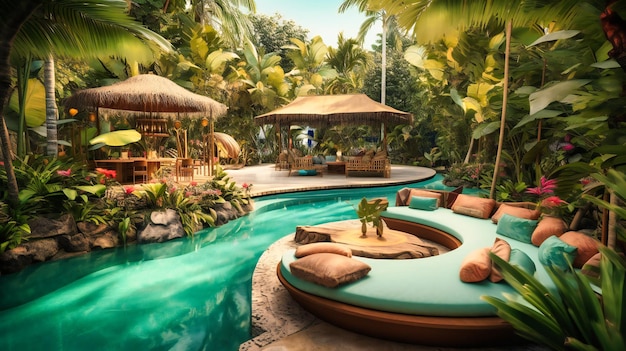 A lavish exotic outdoor lounge area in a highend summer resort with a playful tropical vibe