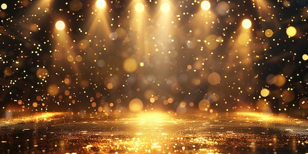 A lavish illustration featuring a gilded stage sparkling lighting and bokeh decorations