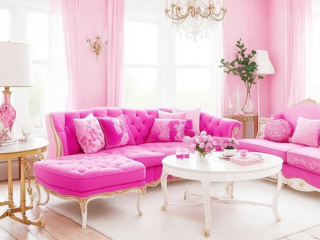 A lavish pink living room with a dreamy atmosph ai generated