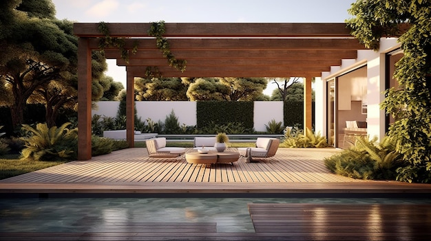 Of a lavish side outside garden at morning with a teak hardwood deck and a black pergola Scene in