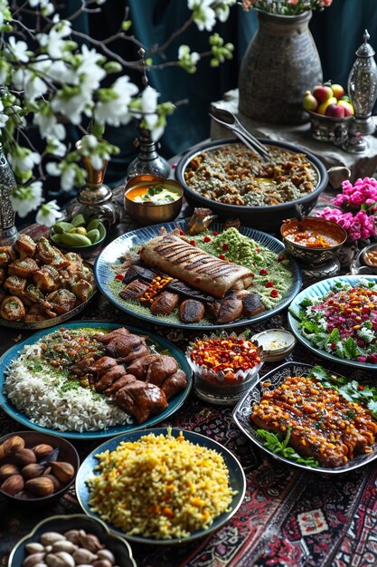 Photo a lavish traditional feast set for nowruz