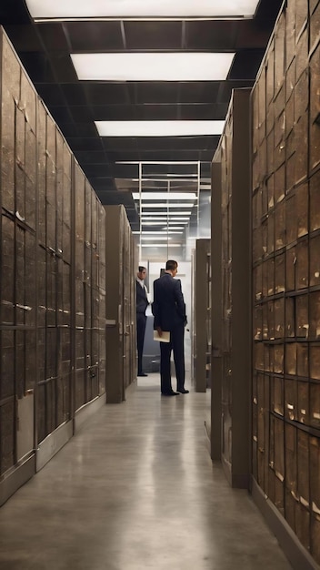 Law agents team analyzing private records in evidence room conducting criminal investigation in arc