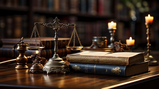 law books are kept upright on the wooden wall and judges gavel in front of book