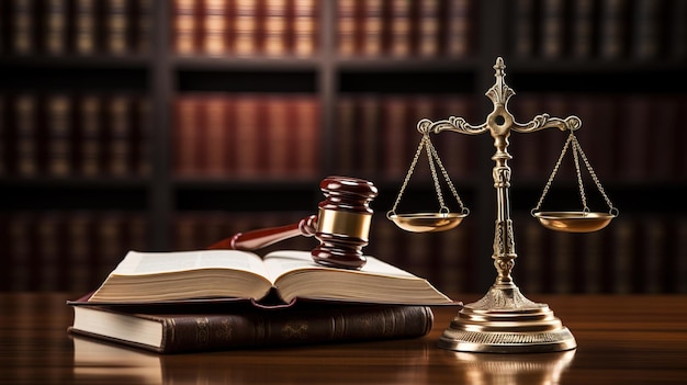 Law books gavel and scales symbolizing justice on a table