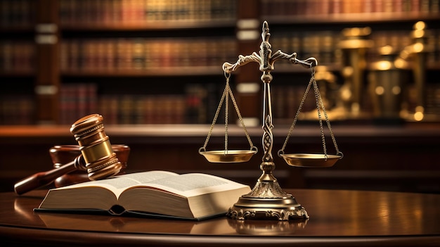 Law books gavel and scales symbolizing justice on a table