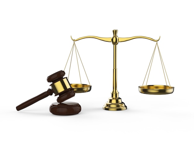 Law concept with 3d rendering law scale with gavel judge on white background