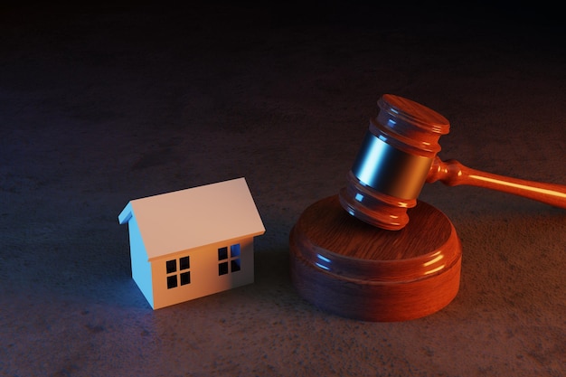 Law court gavel with house 3d rendering