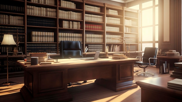 Интерьер офиса юридической фирмы с книгами и документами