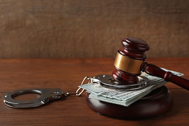 Молоток закона с долларами и наручниками на фоне деревянного стола крупным планом