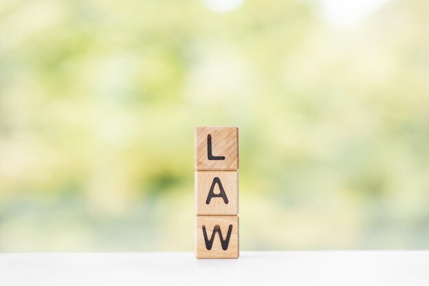 Law is written on wooden cubes on a green summer background Closeup of wooden elements