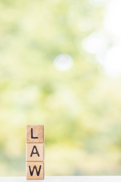 Law is written on wooden cubes on a green summer background Closeup of wooden elements