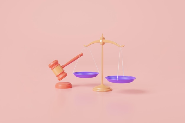 Law and justice concept of Justice scales and wooden gavel on the table judgement Hammer court decisions Law and justice system arbitrate courthouse courtroom objects 3d render illustration