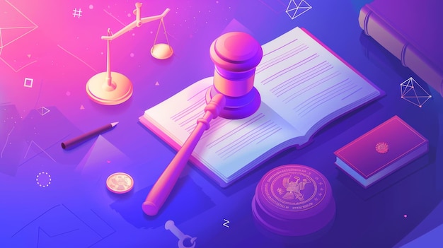 Photo law and justice isometric landing page gavel constitution book stamp coins and pen sitting on table punishment for crime legal judgement legislation 3d modern line art web banner