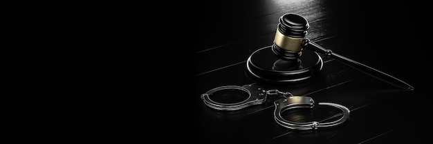 Law legal system justice crime concept mallet gavel hammer and handcuffs on black background d