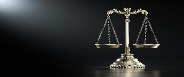 Law legal system justice crime concept scales on black background d render illustration