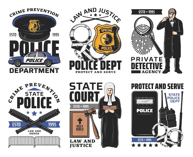 Law and order jurisprudence and police icons