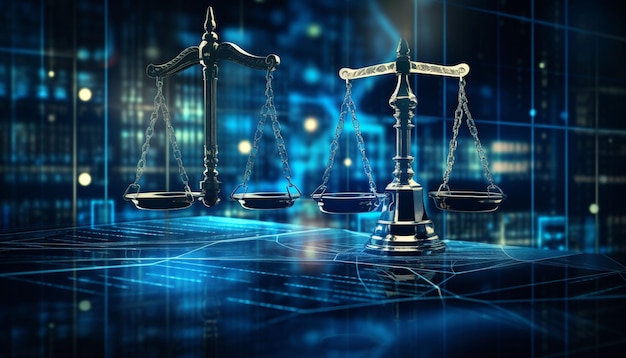 Law scales on background of data center Digital law concept of duality of Judiciary Jurisprudence and Justice and data in the modern world