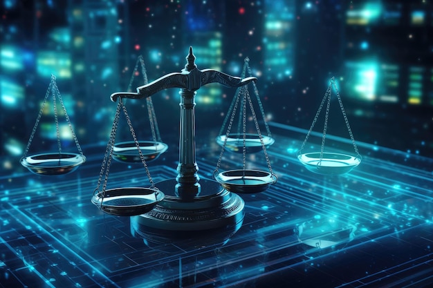 Law scales on background of data center Law scales on background of data center Digital law concept of duality of Judiciary Jurisprudence Ai generated