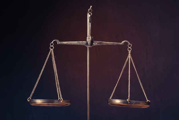 Law scales on table. Symbol of justice - Image