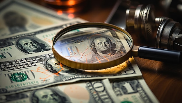 Law theme Gavel magnifying glass and dollar bills