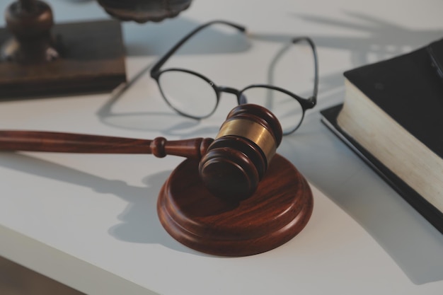 Law theme gavel or mallet of the judge lawyer enforcement officers evidencebased cases taken into account in the court abount business legislation