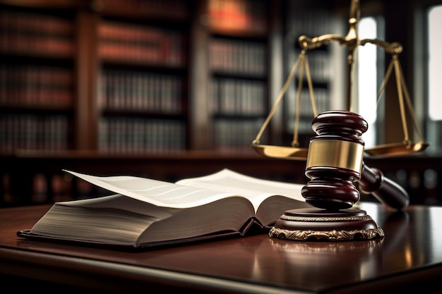 Law theme mallet of judge wooden gavel and book in courtroom