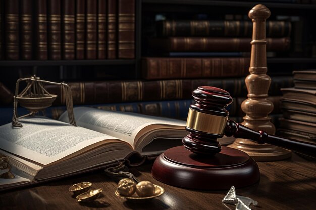 law theme mallet of judge wooden gavel and books