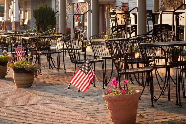 Lawn flags with morning sunshine in downtown Linglestown, Pennsylvania.