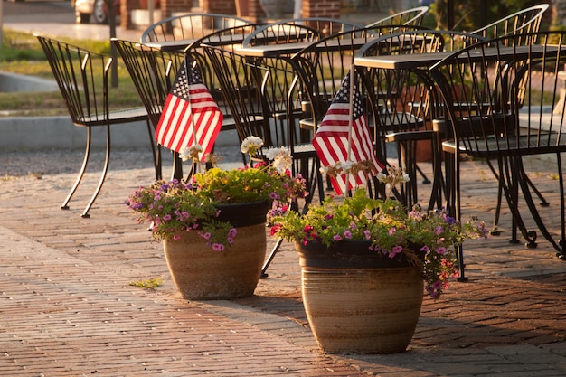 Lawn flags with morning sunshine in downtown Linglestown, Pennsylvania.