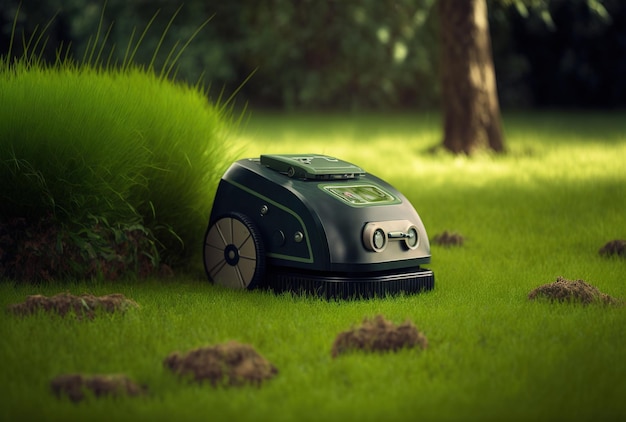 The lawn in a garden is mowed with a robotic lawnmower