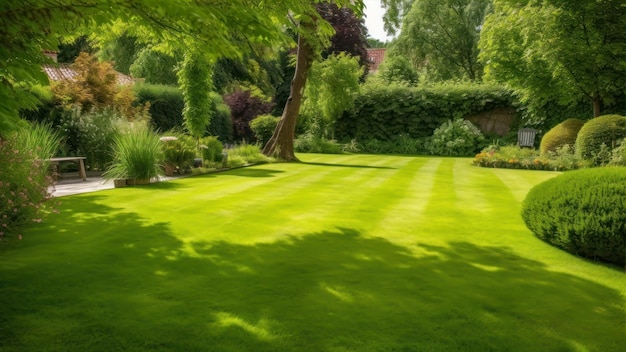 A lawn in a garden with a tree in the foreground