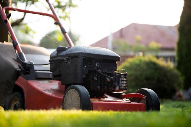 Lawn mover on green grass Machine for cutting lawns