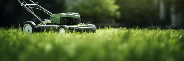 Photo lawn mower cuts green grass