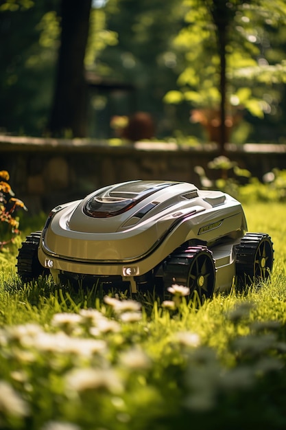 A lawn mower in front of a large house