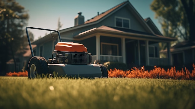 a lawn mower on the grass in a garden generative ai