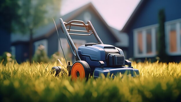 a lawn mower on the grass in a garden generative ai