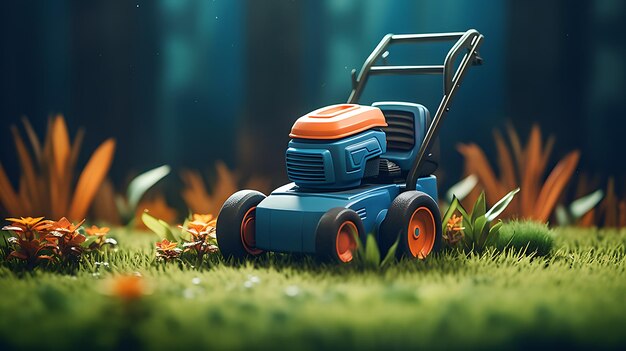 Photo a lawn mower on the grass in a garden generative ai