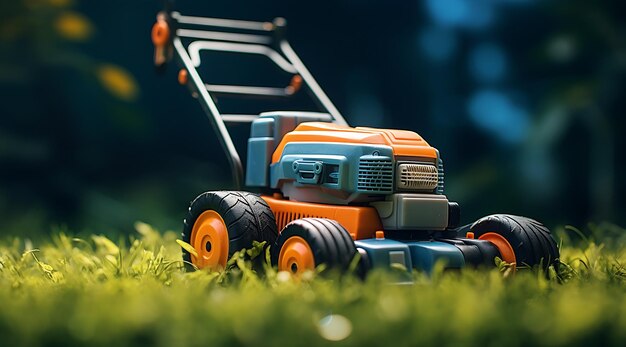 a lawn mower in the grass near a house Generative AI