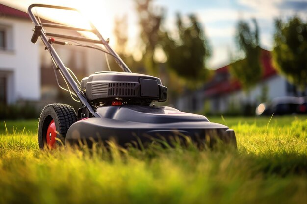 A lawn mower is being used to mow the grass generative ai